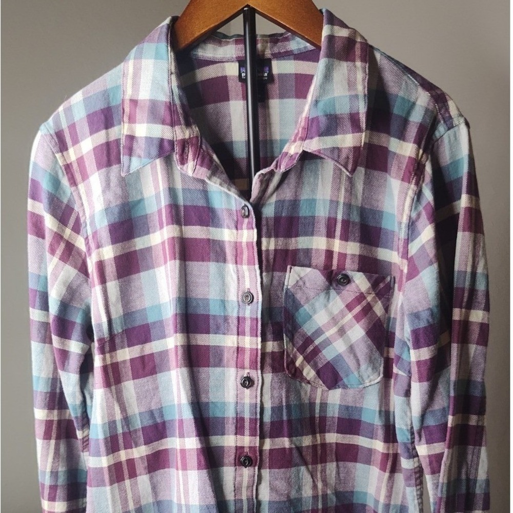 Patagonia Organic Cotton Womens Flannel Button Down Plaid Shirt Purple Blue sz 6